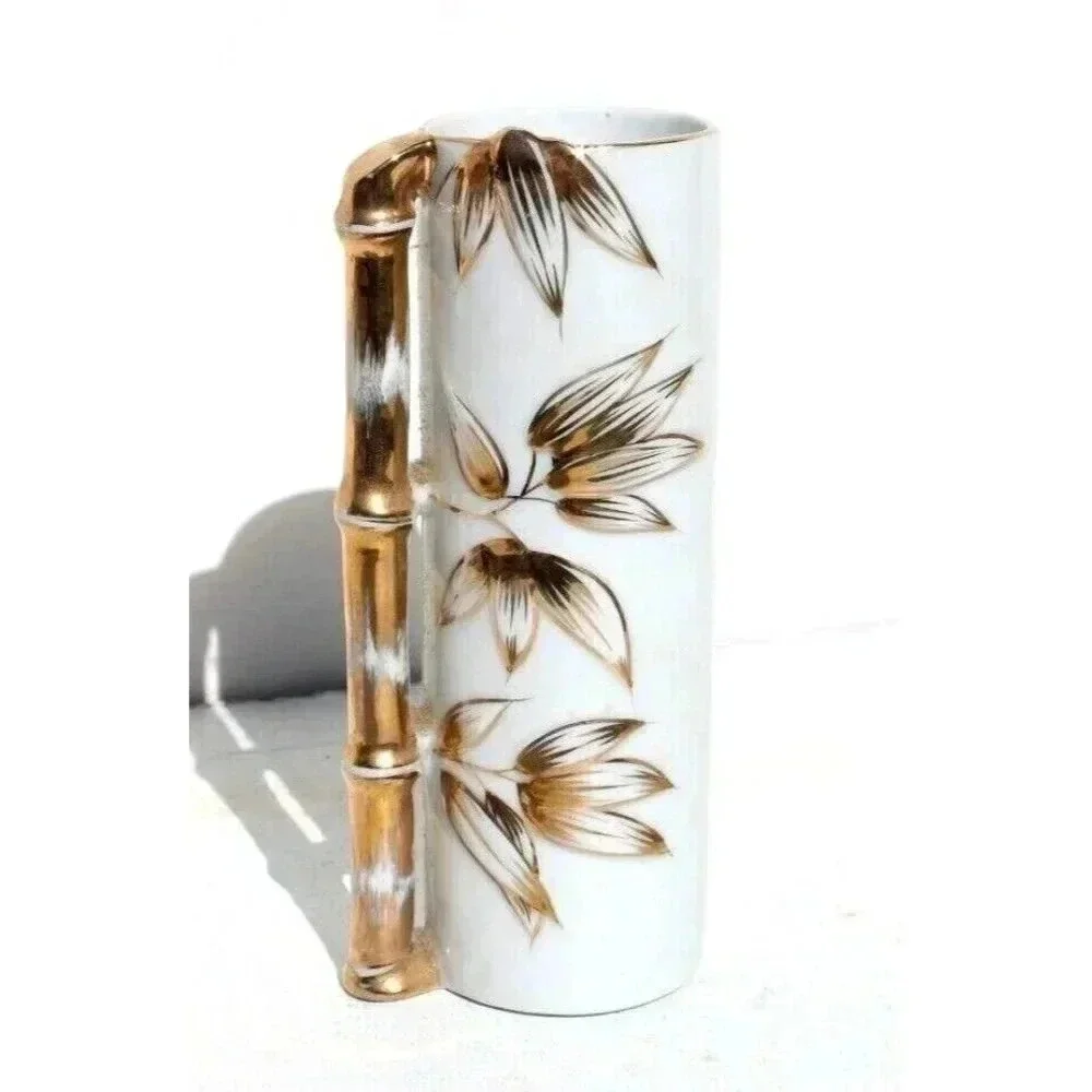 Vintage Porcelain Gold & White Gold China Tall Bamboo Vase / Cocktail Glass